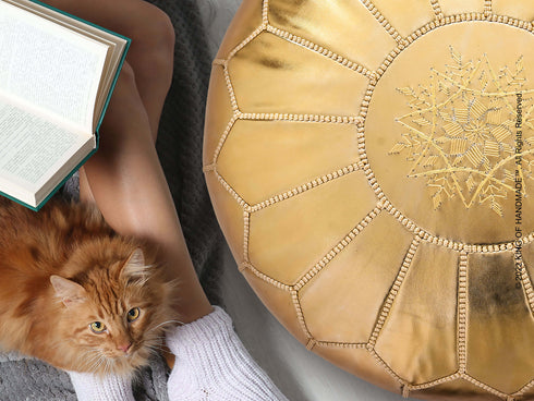 Gold Ottoman - Faux Leather Pouf - Bohemian Decor